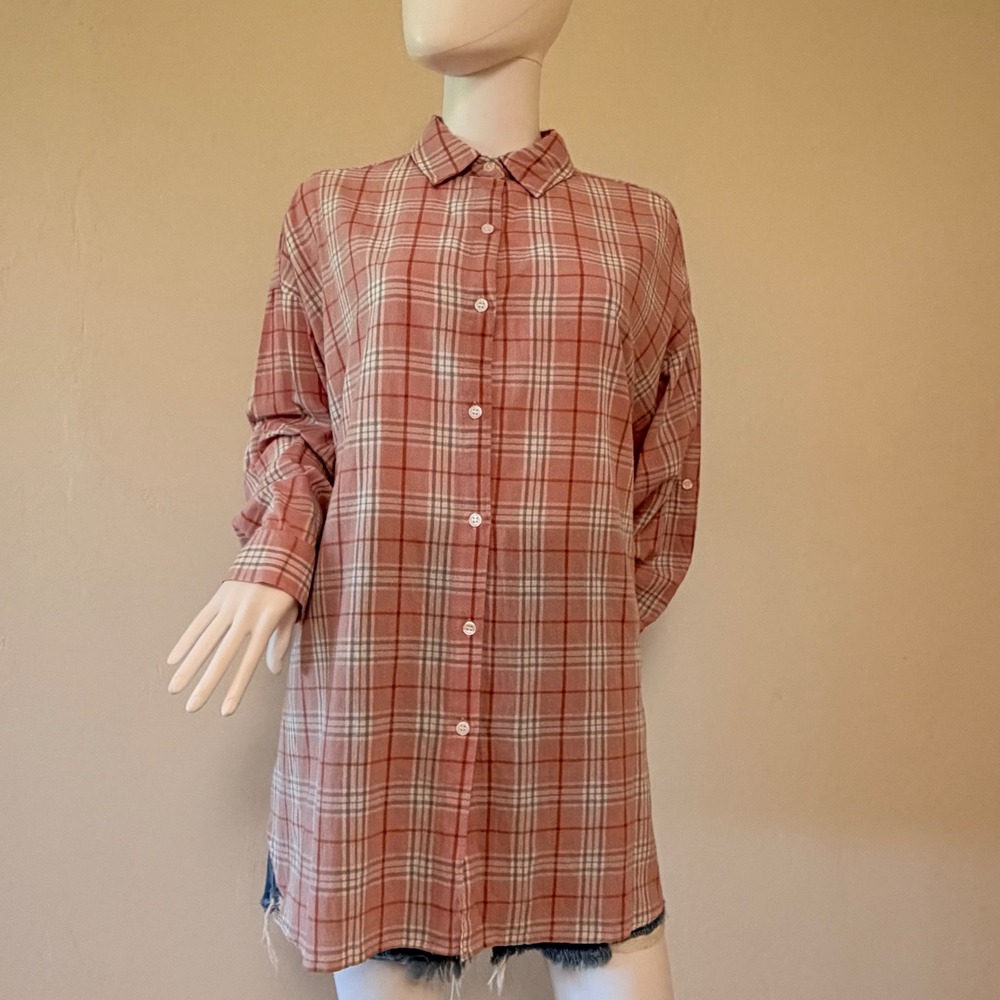 NWT Max Studio Women's Blush Pink Plaid‎ Cotton Button Down Shirt Size S